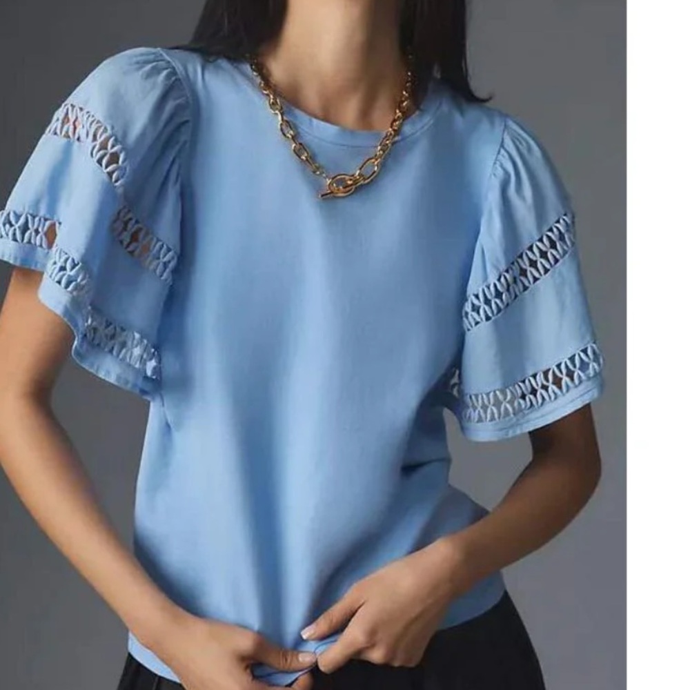 Anthropologie Blue Ruffled Sleeve Top XXS